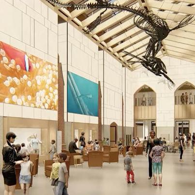 The new, light-filled Central Gallery will be home to live plants and the enormous Archelon and Tylosaurus specimens suspended from the ceiling.
