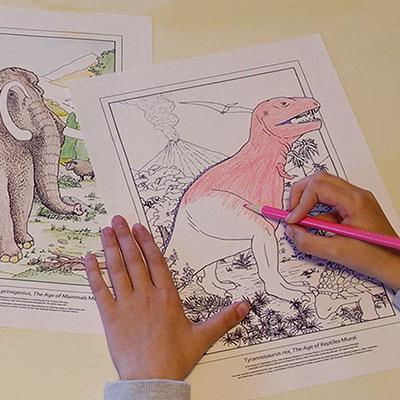 Explore! coloring book with hands coloring in a T-Rex