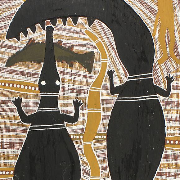 YPM ANT 261370: 'Two Crocodiles Dreaming.' Painting on eucalyptus bark, 1983, with earth pigments.  Northern Territory, Australia