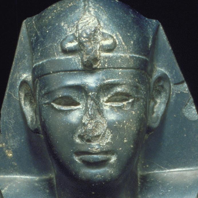 YPM ANT 256941: Bust of Ptolemaic king. Polished black diorite, head and torso; ca. 220-180BC, Egypt.