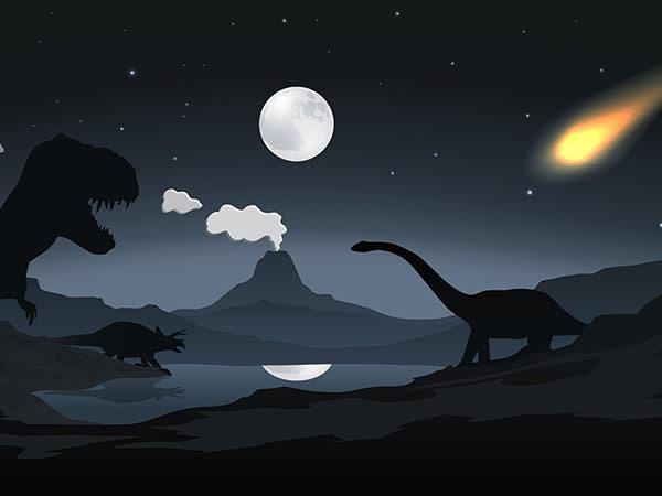 illustration of dinosaurs with volcano and asteroid; (© stock.adobe.com)