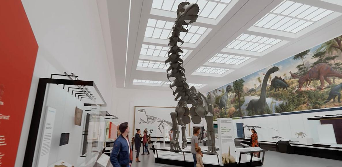 The first Brontosaurus specimen ever discovered dominates the renovated Great Hall of Dinosaurs in a new, scientifically accurate pose.