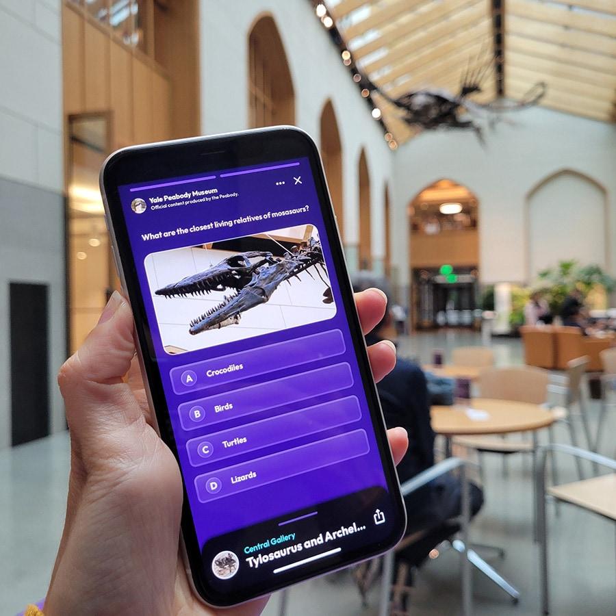 A visitor using the Amuse app in the Yale Peabody Museum