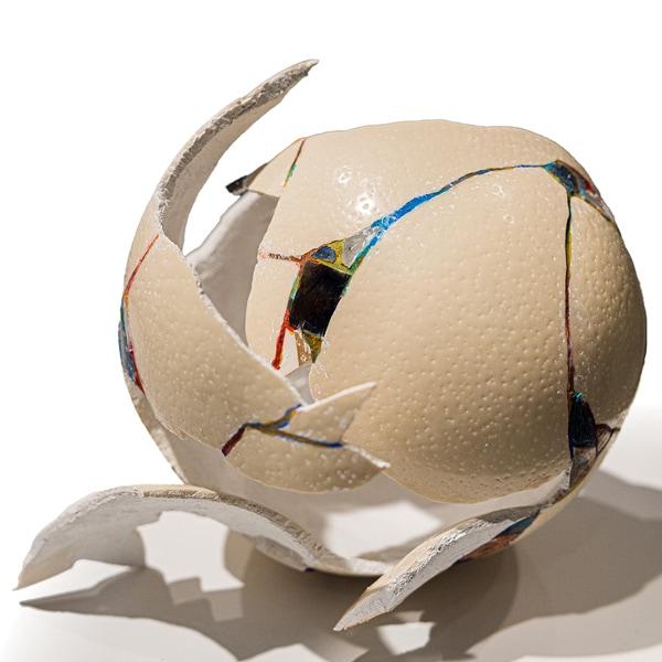 The Shape of Broken Things: Broken ostrich egg, fragments of glass, steel, and pottery, fresco secco